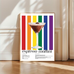 Plakat Espresso Martini – Odważna tęcza do wydrukowania w formie sztuki koktajlowej | Stylowa dekoracja ścienna do wózka barowego, kuchni i salonu