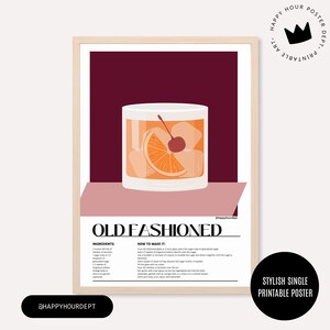 Plakat Neon Old Fashioned Cocktail | Sztuka wózka barowego Mid-Century Modern | Wydrukowana dekoracja do napojów | Zero Waste Pobierz