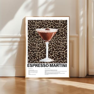 Popularne teraz | Plakat Espresso Martini – Klasyczna sztuka ścienna z nadrukiem w panterkę | Wydrukowana dekoracja koktajlowa do baru i jadalni | Atmosfera koktajlowa