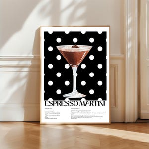 Popularne teraz | Wydrukowana ścienna grafika Espresso Martini – czarno-biały nadruk w kropki, dodaje klasycznego stylu do każdego barku lub wystroju kuchni