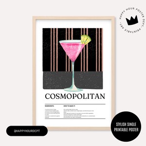 Popularne teraz: Cosmopolitan Cocktail Print | Stylowa sztuka ścienna do domowego baru | Plakat z przepisem na drinka w stylu retro | Pobieranie cyfrowe | Dekoracja Zero Waste