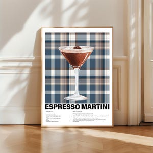 Popularne teraz | Plakat Espresso Martini – Klasyczna sztuka ścienna z nadrukiem w panterkę | Wydrukowana dekoracja koktajlowa do baru i jadalni