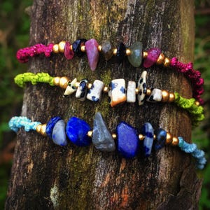 Macrame Gemstone Chip Bracelet – Dalmatian Jasper, Tourmaline or Lapis Lazuli, Boho Ethnic Jewelry