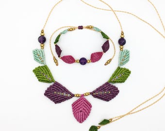 Macrame Amethyst Jewelry Set – Boho Leaf Necklace & Bracelet, Handmade