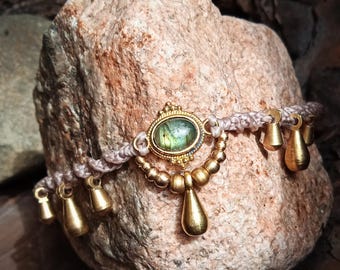 Macrame Labradorite Anklet with Brass Charm – Handmade Boho Foot Jewelry