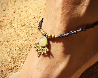 Boho Macrame Aventurine Anklet – Adjustable Ankle Bracelet with Golden Charm