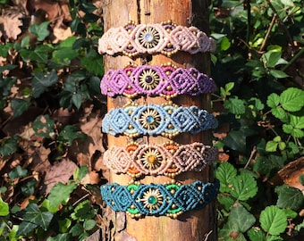 Macrame Bracelet with Sun Charm & Gemstone – Handmade Boho Jewelry | Moonstone, Amethyst, Labradorite, Green Onyx