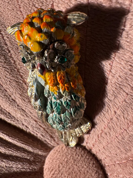 Vintage Owl Brooch pin. Colorful enamel, Goldtone. - image 2