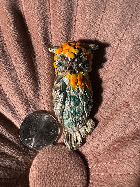 Vintage Owl Brooch pin. Colorful enamel, Goldtone. - image 3