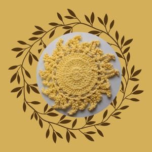 Sun coaster with decorative lace, Summer decor for patio, Cotton yellow sun coaster