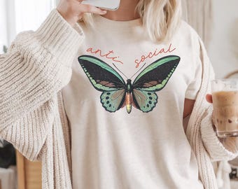Anti-Social Butterfly T-Shirt | Retro Boho Tee Gift | Sarcastic Top | Introvert Butterfly Lover Shirt