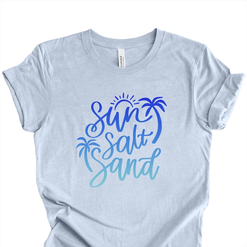Beach shirt in Heather Prism Blue, with sun salt sand cursive gradient graphic tee.