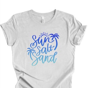Ash colored beach vibe shirt sun salt sand in a colorful design, casual tee.