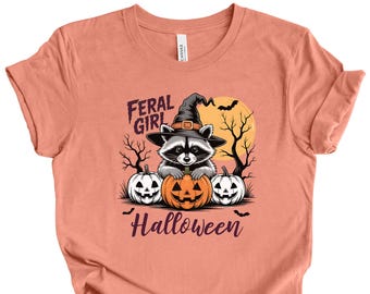 Feral Girl Halloween Shirt | Spooky Raccoon Tee | Retro Fall Funny T-Shirt