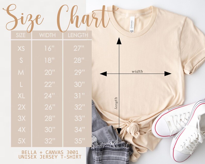 A cream-colored Bella + Canvas 3001 unisex jersey t-shirt with a size chart. The chart lists sizes XS to 5X, with corresponding width and length measurements in inches. A pair of white sneakers with red accents are visible.  Shown with the Sun Salt Sand beach tee listing.