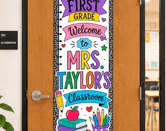 Personalized First Grade Teacher Pennant Flag Door Linen Tapestry Classroom Welcome Sign, Back To School Gifts, Gift for Teacher