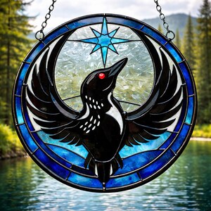 May include: Stained glass round panel featuring a black bird with outstretched wings and red eyes, set against a blue star and a textured background. The panel is framed with a blue border and hangs from a chain.