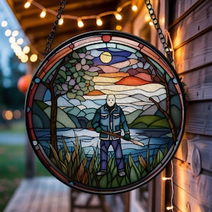 Jason Voorhees Stained Glass Suncatcher, Friday The 13th Glass Suncatcher, Scary Movie Window Hanging, Horror Characters Suncatcher Decor