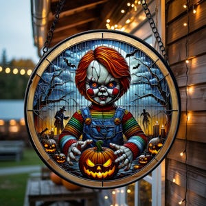 Chucky Doll Stained Glass Suncatcher For Window Hanging, Horror Movie Halloween Window Hanging, Spooky Childs Play Decor, Halloween Pumpkin