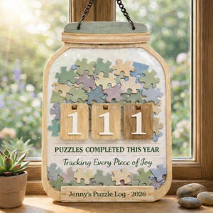 May include: Wooden jar-shaped puzzle log with the number 111 displayed. The sign reads "Puzzles Completed This Year" and "Tracking Every Piece of Joy." The log is filled with puzzle pieces in various colors. The text "Jenny's Puzzle Log - 2026" is at the bottom.