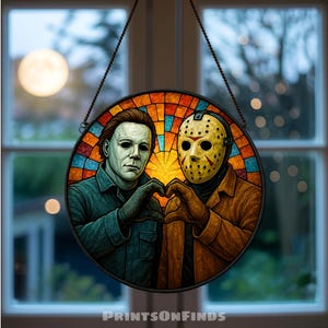 Funny Michael Myers and Jason Stained Glass Suncatcher, Horror Hallloween Glass Suncatcher, Horror Movie Window Hanging, Horror Friend