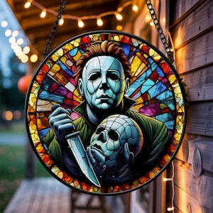 Michael Myers Stained Glass Suncatcher, Friday The 13th Glass Suncatcher, Halloween Movie Window Hanging, Horror Characters Suncatcher Decor