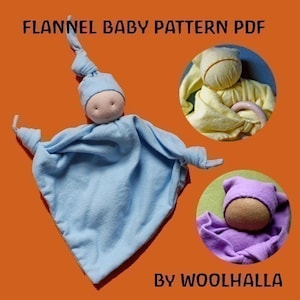 Può includere: Un modello PDF per una bambola di flanella per bambini. Il modello include istruzioni per realizzare una bambola di flanella blu, gialla e viola. Il modello è di Woolhalla.