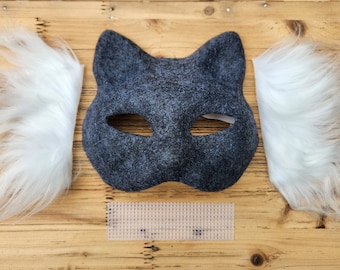 Felted therian mask kit, dark grey cat mask with fur