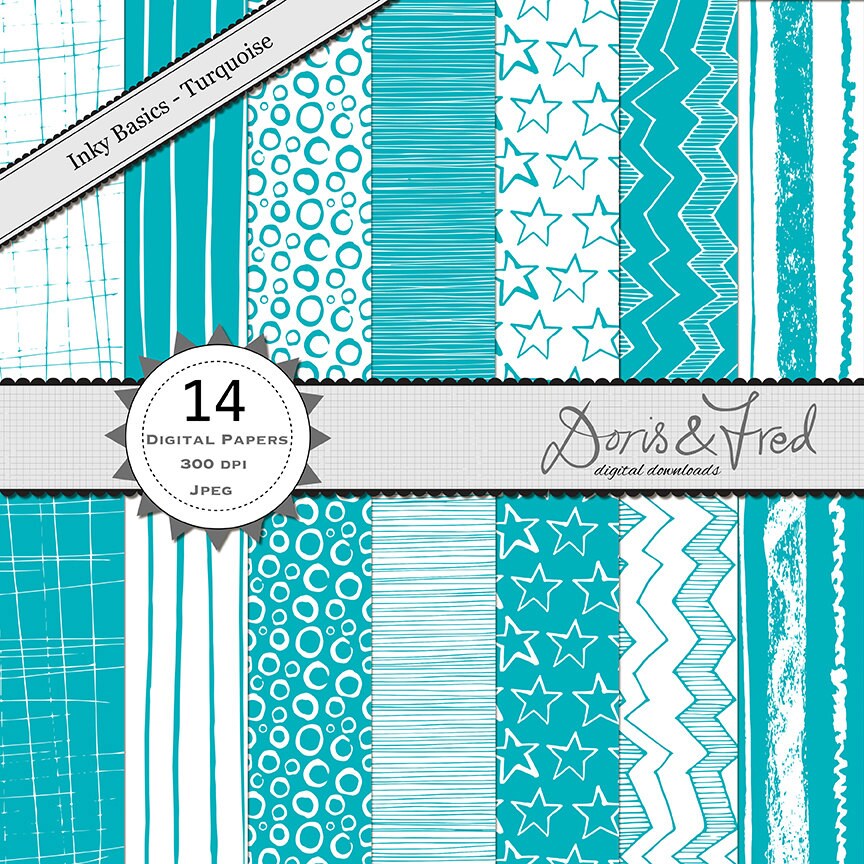 Paper Line Turquoise 14 Turquoise Digital Patterned Papers *instant Download* Inky, Basics ...