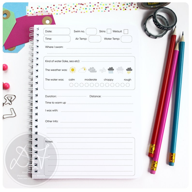 May include: A white log book with a black and gray design. The book has sections for recording swim details, including date, time, swim number, air temperature, water temperature, kind of water, weather conditions, water conditions, duration, distance, time to warm up, who you were with, other information, and notes.