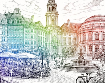 Poster illustration of the city of Rennes in rainbow colors