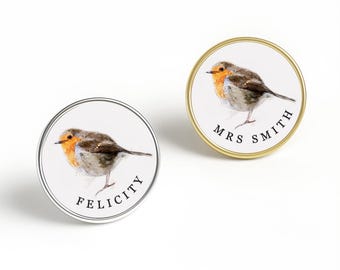 Personalised Robin Pin Badge, Remembrance 2.5cm Lapel Pin, Custom Text Keepsake