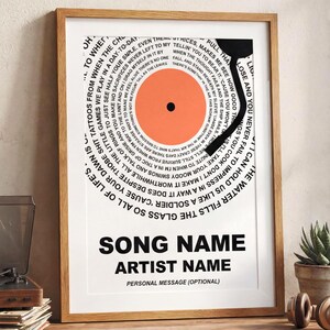 May include: A framed print featuring a vinyl record design with a circular arrangement of text. The record's center is orange, and the text includes the words "Song Name" and "Artist Name" in bold, black font. The print is displayed on a wooden shelf.