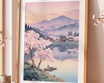 Cherry Blossom Sunset Print | Japanese Village Wall Art | Boat Woodblock Poster | Vintage Spring Decor
