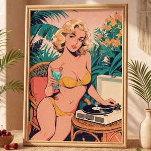 Tropical Pinup Illustration Print | Vintage Cocktail Wall Art | Bar Cart Decor | Music Vinyl Gift