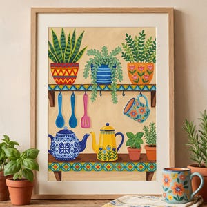 Colourful Kitchen Scene Print | Boho Floral Kitchen Wall Art | Folk Art Poster | Housewarming Gift