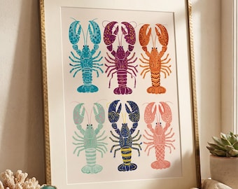 Lobster Art Print | Folk Art Coastal Wall Decor | Seaside Kitchen Poster | Housewarming Gift
