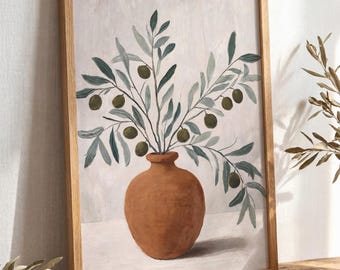 Olive Tree Painting | Mediterranean Kitchen Wall Art | Terracotta Vase Poster | Green Botanical Decor | Farmhouse Country Print