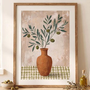 Olive Tree Print | Tuscan Kitchen Wall Art | Rustic Vase Poster | Italian Botanical Decor | Mediterranean Farmhouse Painting