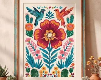 Mexican Cactus Folk Print | Hummingbird Floral Wall Art | Boho Garden Poster | Vibrant Botanical Decor