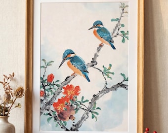 Watercolour Kingfisher Print | Chinese Bird Wall Art | Pomegranate Tree Poster | Wabi Sabi Decor