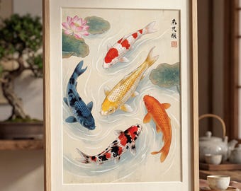 Japanese Koi Fish Art Print | Asian Wall Art | Japandi Decor | Zen Water Painting