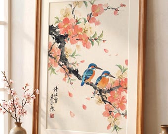 Kingfisher Cherry Blossom Print | Japanese Sakura Wall Art | Vintage Oriental Poster | Japandi Decor