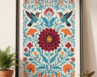 Hummingbird Folk Print | Mexican Floral Wall Art | Red Dahlia Boho Poster | Colourful Botanical Decor