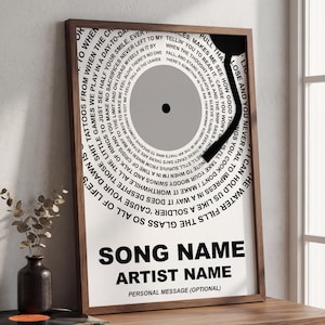 May include: A framed print featuring a stylized vinyl record design with song lyrics in a circular pattern. The print has a black and gray color scheme with the song name, artist name, and optional personal message at the bottom.