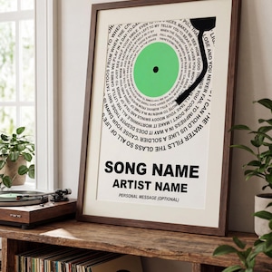 May include: Framed print featuring a vinyl record design with a green center and black details. The artwork includes song lyrics and space for a song name, artist name, and a personal message. The frame is a dark brown color.