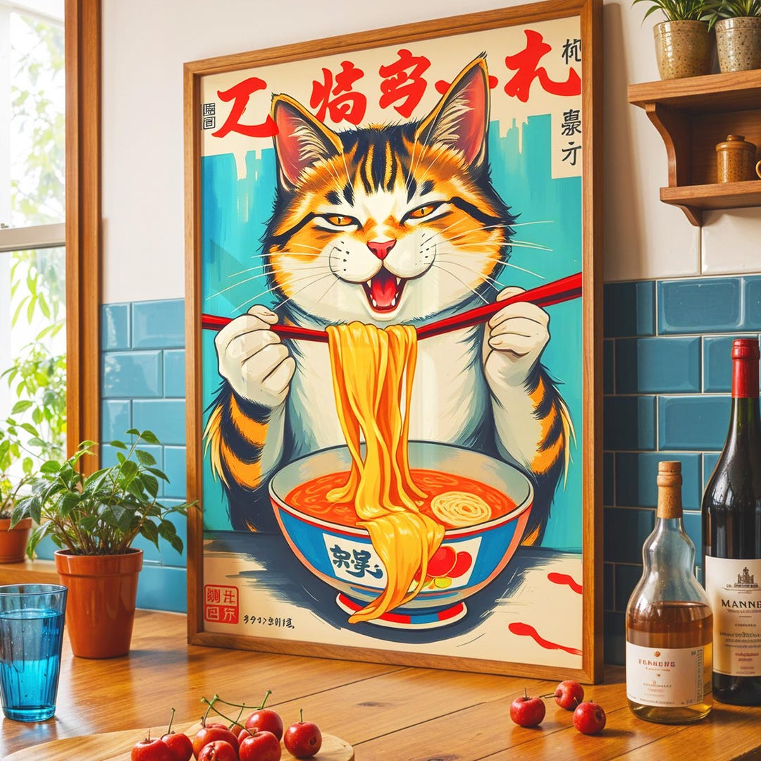 Lucky Cat Ramen Poster Japanese Retro Cat Art Cute Noodle Lover Print ...
