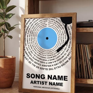 May include: Framed print featuring a blue vinyl record design with song lyrics and a wooden frame. The print includes space for a song name, artist name, and a personal message. The background is white.