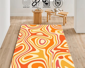 Orange Groovy Retro Rug, Mid-Century Modern Boho Home Decor, Colorful Retro Swirl Rug, Groovy Funky Rug,Vibrant Bedroom Rug