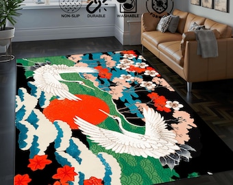 Japanese Illustrations, Personalized rug, Animal Rug, Designer Rug, Stork Pattern Carpet,Japanese Art Pattern,  Area Rug,Orange And Blue Rug